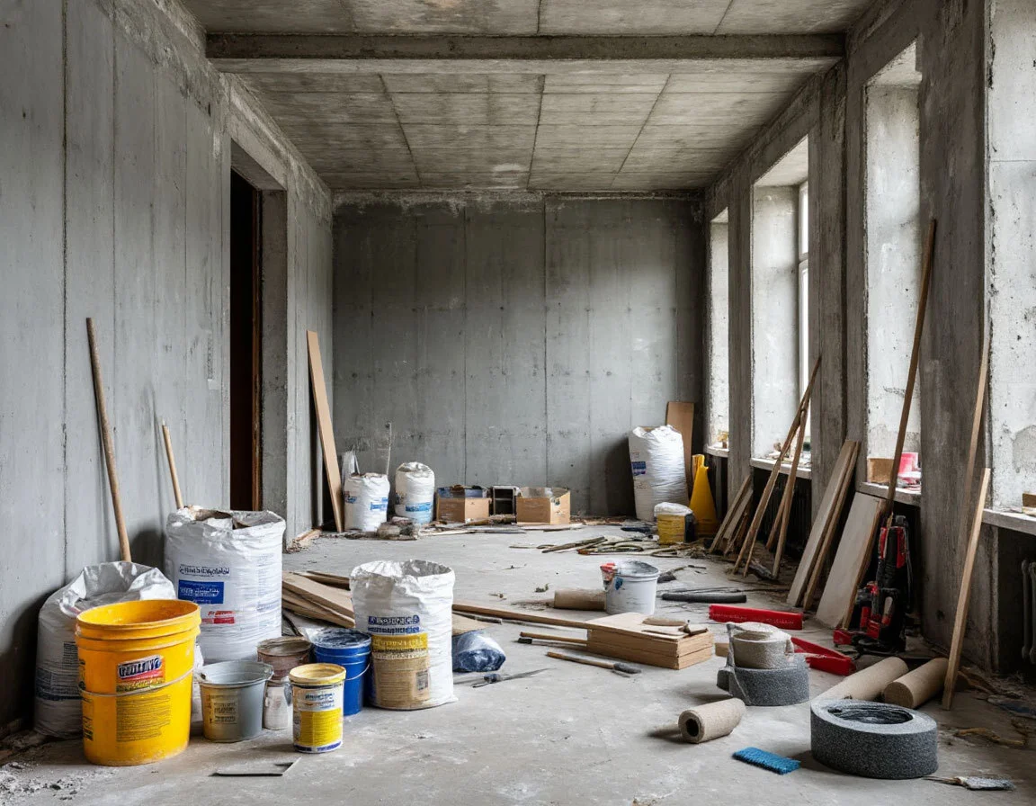 Квартира в состоянии ремонта. Изображение создано с помощью ИИ. Квартира в состоянии ремонта. Изображение создано с помощью ИИ.