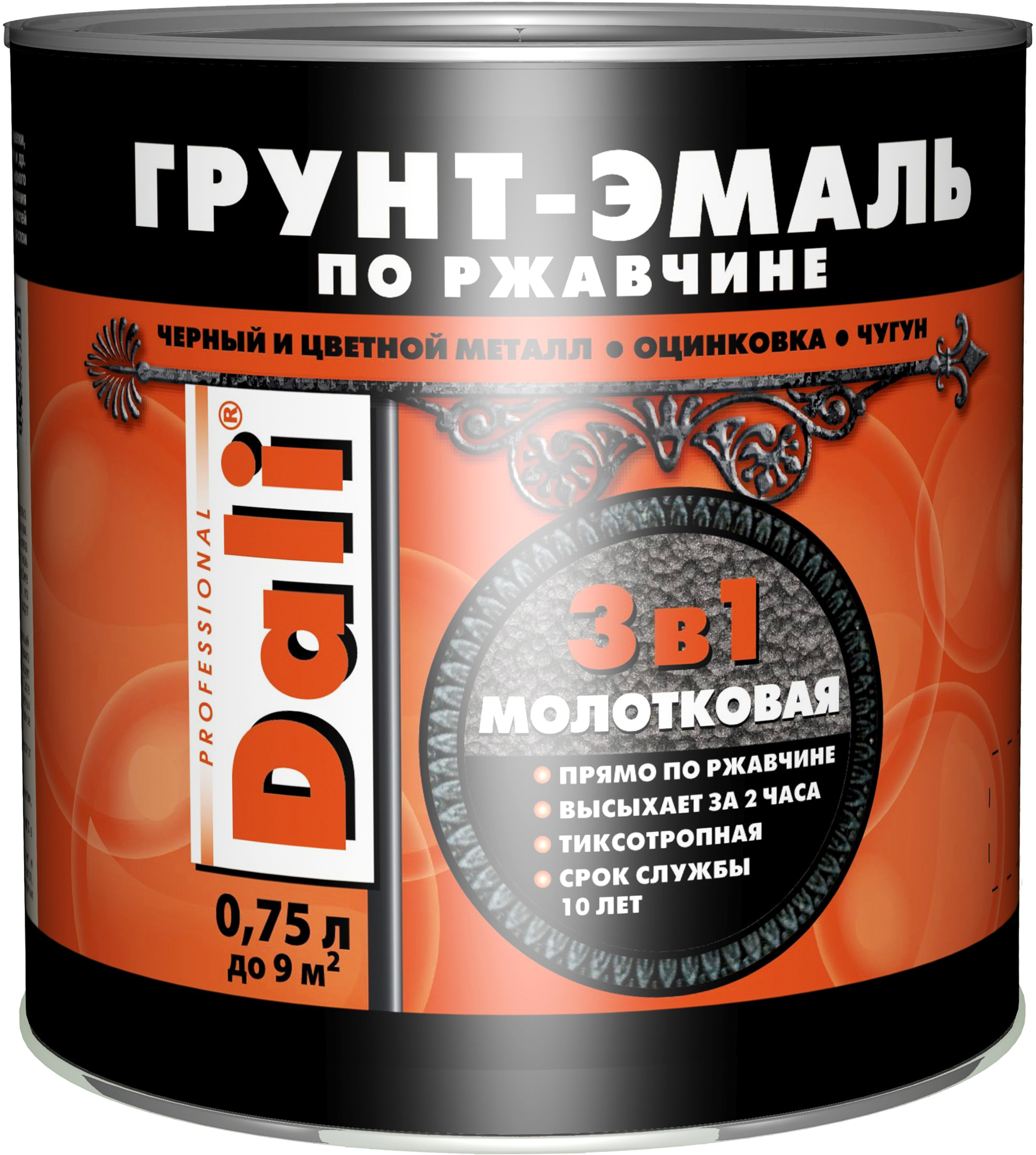 Грунт-эмаль по ржавчине 3-в-1 Молотковая, чёрный, 0,75 л, DALI